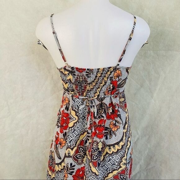 Almost Famous Grey Orange Yellow Spaghetti Strap Pixie BOHO Floral Print Dress M - Picture 8 of 12